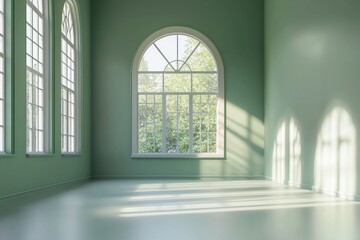 A dance studio with green walls and large windows. Light is coming in from the windows, and the floor is painted white. 