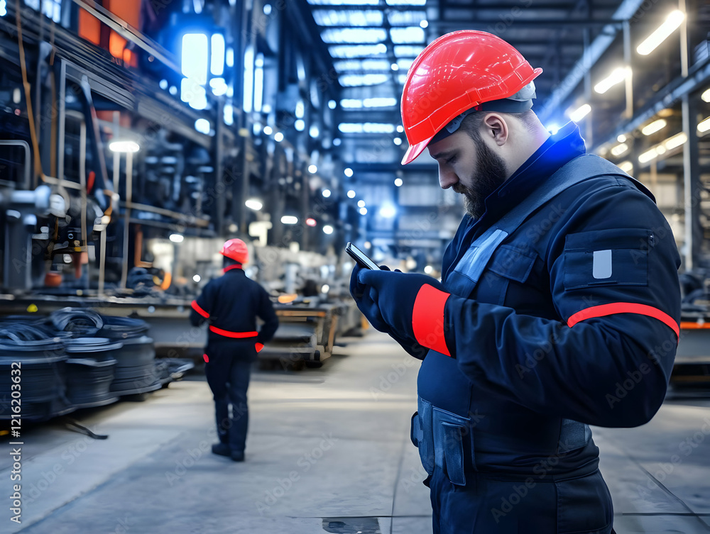 Poster industrial worker checks smartphone in factory with colleague in background