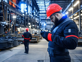 Industrial Worker Checks Smartphone in Factory with Colleague in Background