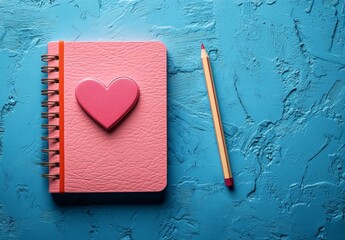 A pink heart-shaped notebook with a pencil on a blue background