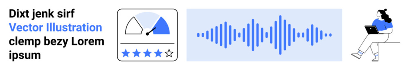 User using a laptop, blue sound wave, rating system with four stars, abstract shapes, text placeholder. Ideal for tech, education, apps, multimedia, design, reviews, remote work. Landing page