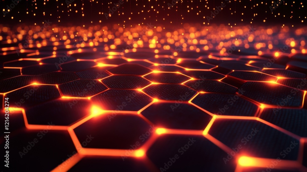 Poster abstract hexagonal grid: fiery orange and dark background