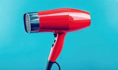 Red hair dryer on a blue background. A shiny, red hair dryer stands on a vibrant blue backdrop. Its design is modern and sleek, with a dark gray air intake.