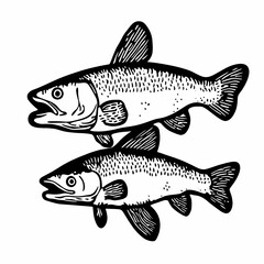 Obraz premium Two Fish Swim Gracefully with Fins Extended, an Illustration in Black and White