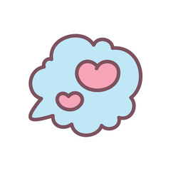 Cute speech cloud icon. Hand drawn illustration of two little hearts in a text bubble isolated on a white background. Romantic emoji. Kawaii St. Valentine day sticker. Vector 10 EPS.
