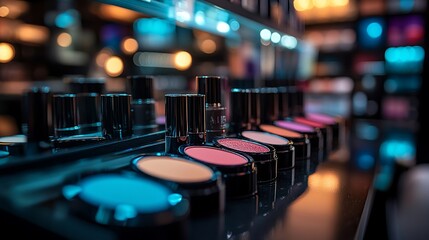Colorful makeup products displayed on a shelf.