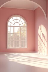 A dance studio with pink walls and large windows. Light is coming in from the windows, and the floor is painted white. 