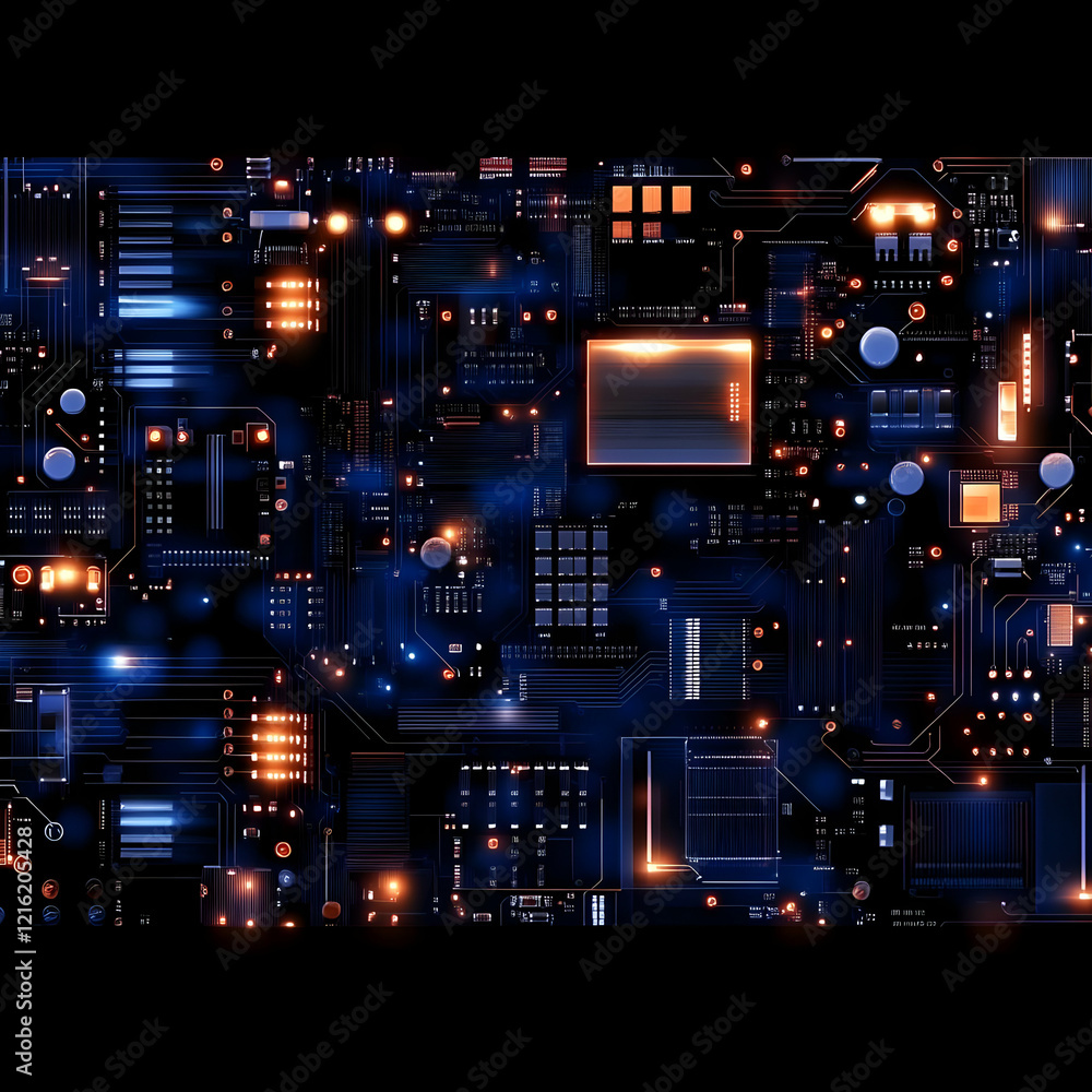 Poster futuristic circuit board illuminates with glowing components and intricate traces in 3d render