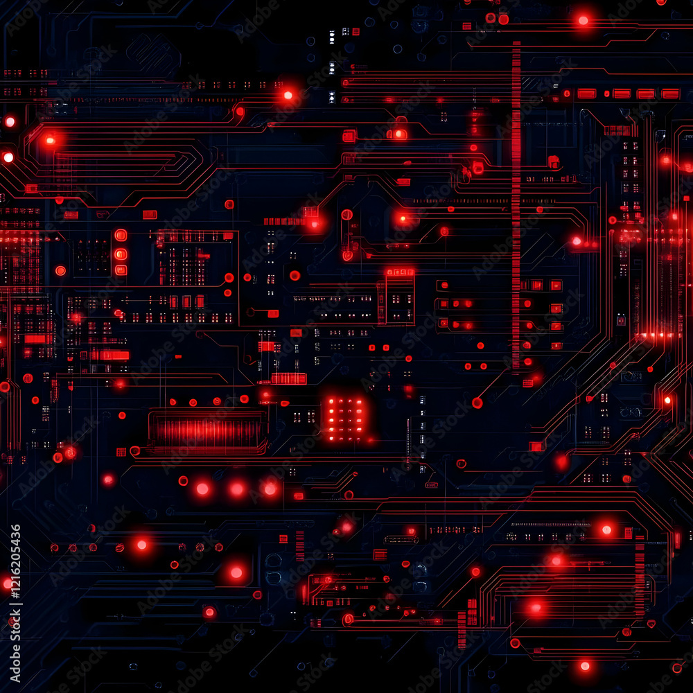 Poster intricate circuitry illuminates a futuristic motherboard with glowing red lights, creating a technol