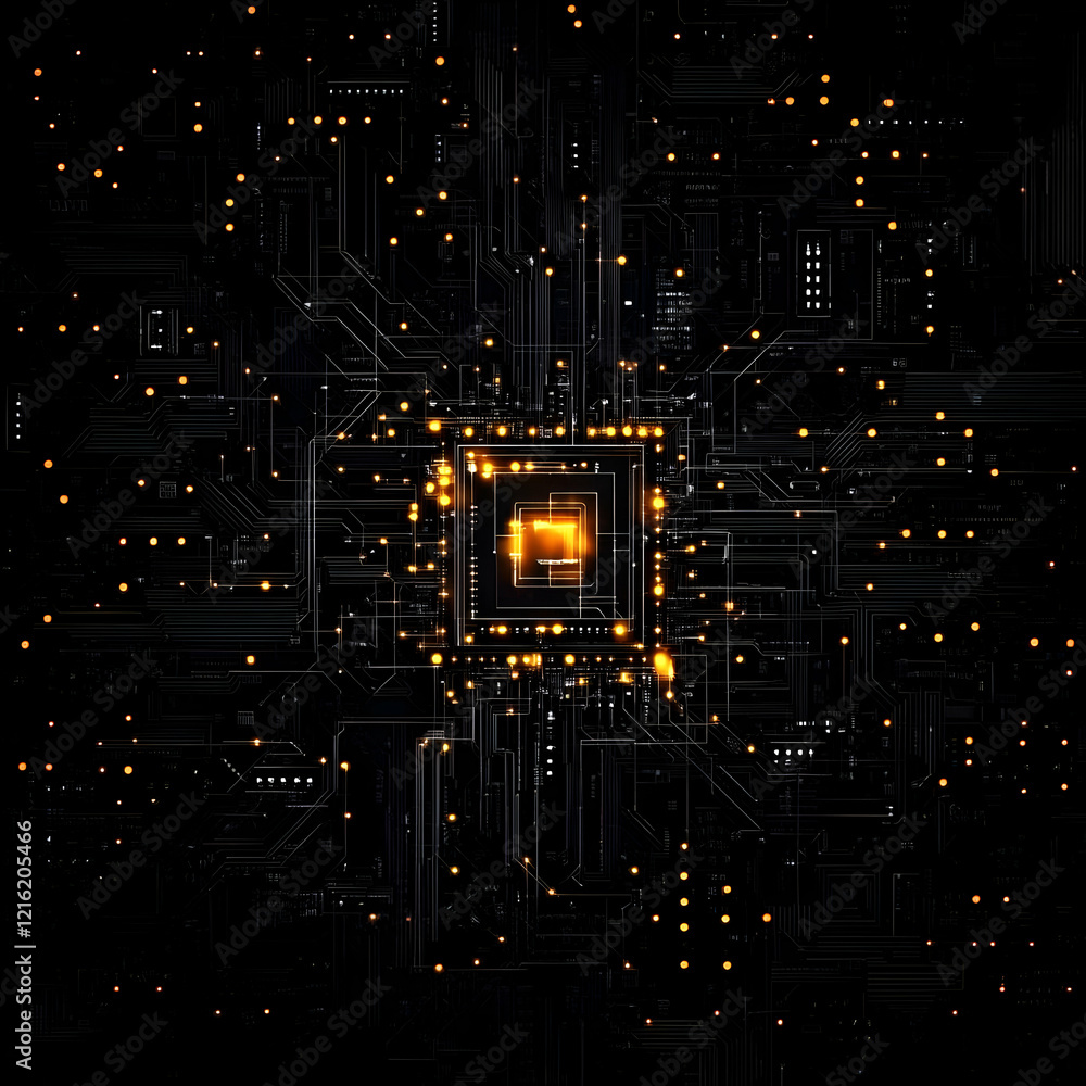 Poster intricate circuit board with glowing components radiates technological power and sophistication.