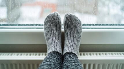 Woman warming her feet on an oil radiator heater in front of a wet window during the rainy winter season. Selective focus on cozy gray woolen socks, capturing the comfort and warmth of home
