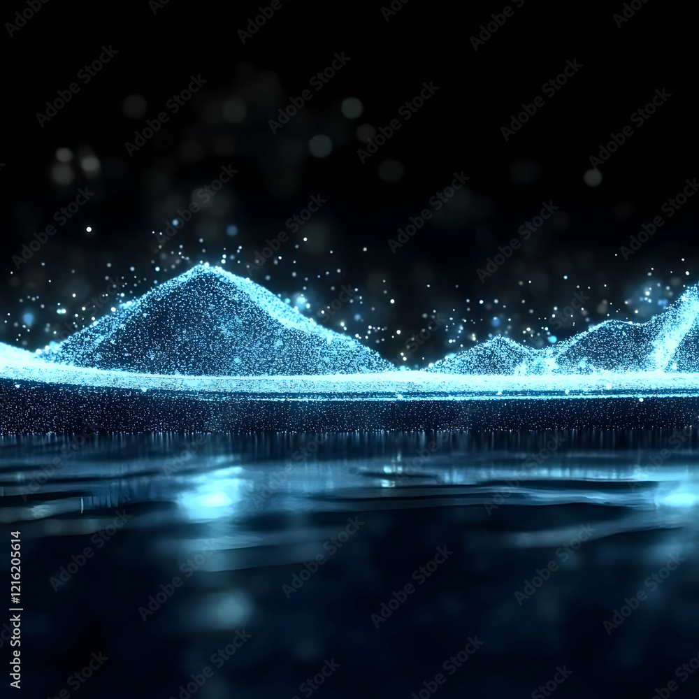 Aufkleber abstract blue particle landscape forms glowing peaks reflected in dark water with soft focus bokeh