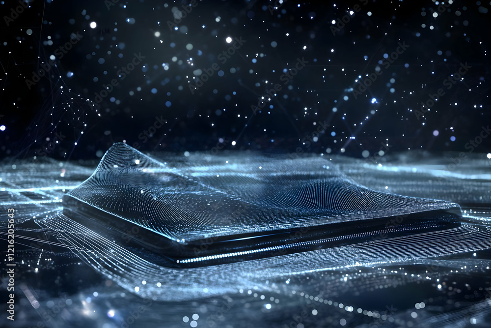 Poster abstract background with wavy surface glowing with blue light and particles creates a dynamic visual