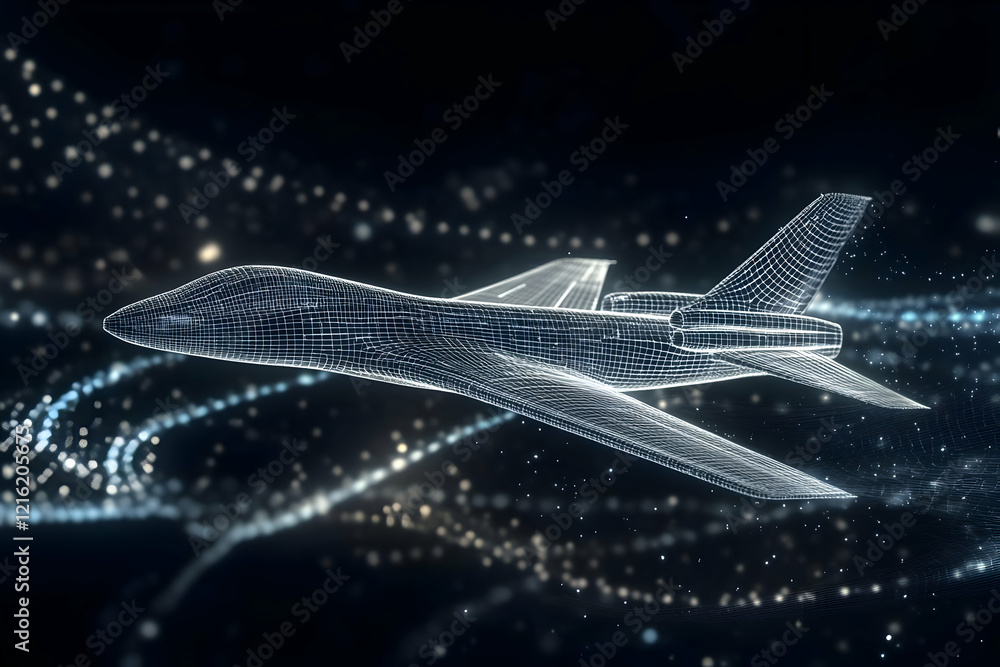 Poster abstract wireframe airplane soars through digital particles background seamlessly