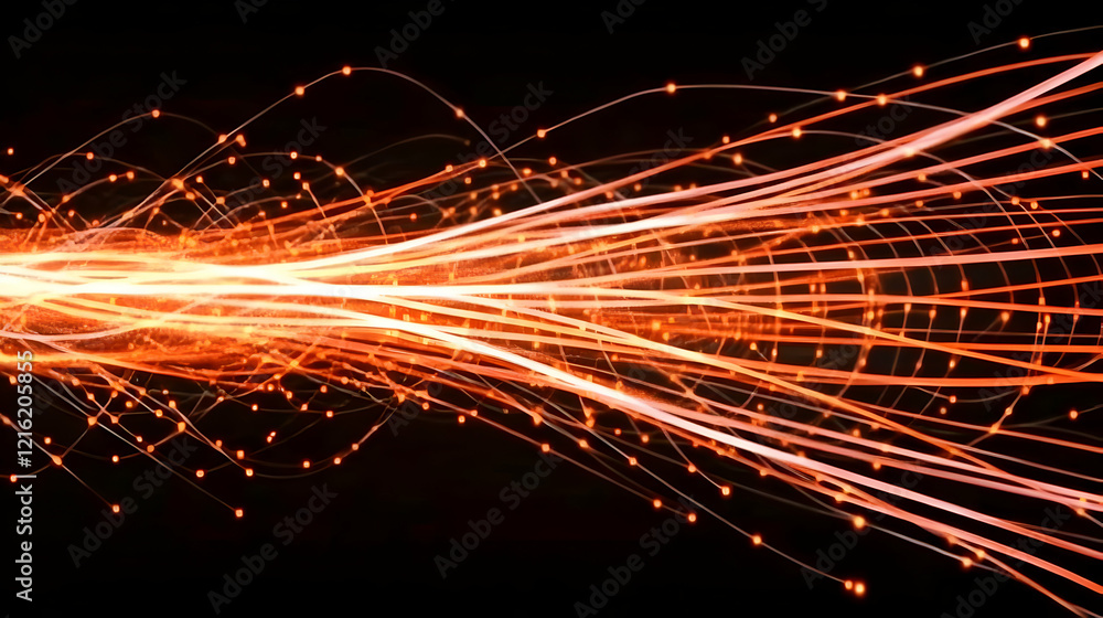 Poster abstract orange light streaks flow dynamically across a dark background with glowing particles