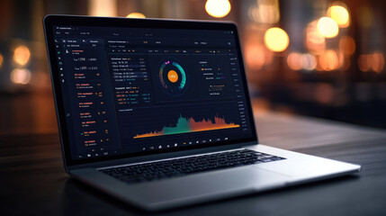 Analyzing data trends using advanced software office environment digital display urban setting close-up perspective