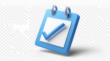 "3d calendar icon with a checkmark symbolizing task completion and appointment confirmation in a vibrant blue theme"