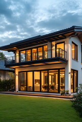 Fototapeta premium Modern house with a wooden terrace front view white wall