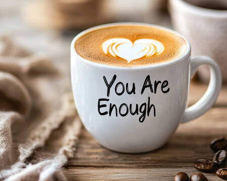 You Are Enough coffee cup with latte art, warm ambiance, and cozy setting. Perfect for uplifting moments and self affirmation
