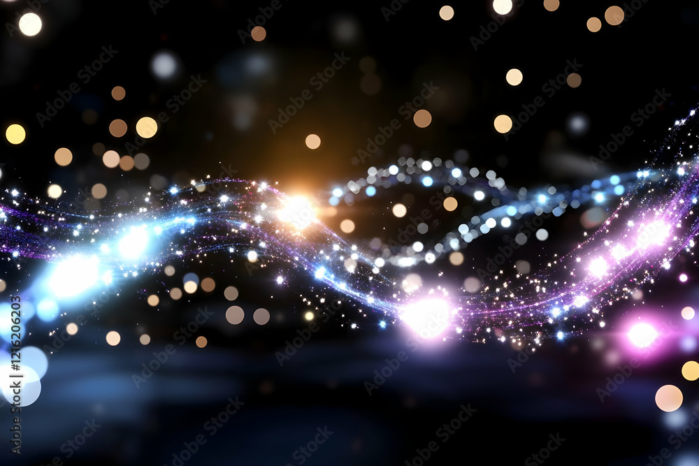 Poster abstract background with colorful sparkles and bokeh lights floating gracefully in the dark
