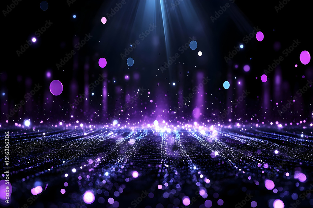 Poster abstract background with purple and blue bokeh lights and glitter particles elegantly floating