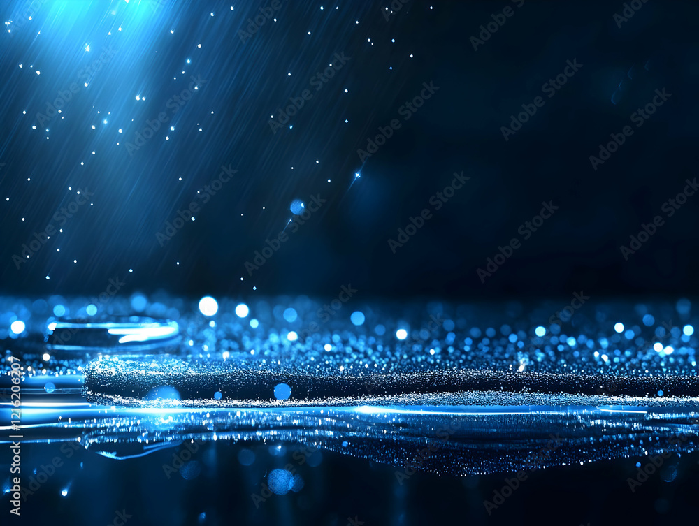 Poster sparkling blue abstract background with light rays and bokeh effect creates magical ambiance