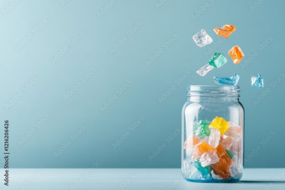 Poster the usage of mitigation strategies and the recycling concept. colorful plastic waste in a jar agains