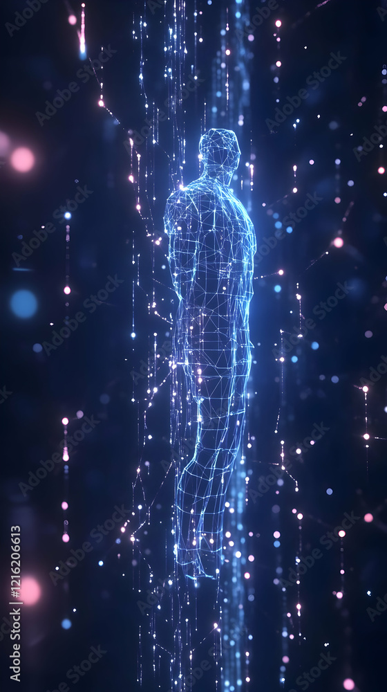Poster abstract 3d human figure formed by glowing lines and particles on dark background with bokeh effect.