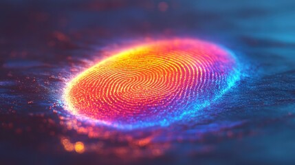 Glowing holographic fingerprint with vibrant rainbow hues in misty atmosphere
