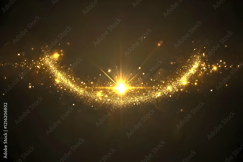 Poster golden glitter sparkles and light rays on a dark background abstract design