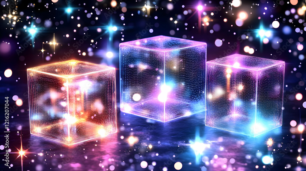 Poster three glowing cubes shine on a reflective surface with sparkling background