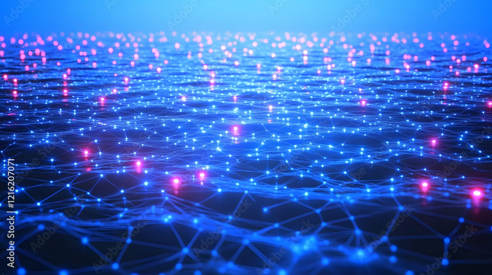 Aufkleber abstract 3d background shows a network of interconnected nodes glowing brightly with blue and pink l