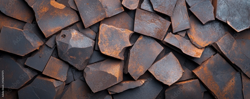 Poster the usage of mitigation strategies and the recycling concept. rusty metal pieces stacked together in