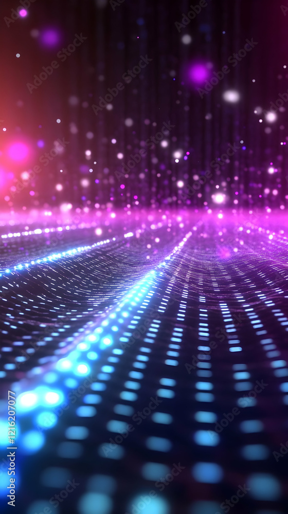 Poster abstract 3d background creates a wavy surface with glowing dots and particles dynamically moving.