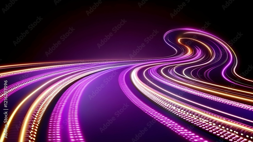 Poster abstract purple and gold light trails flowing dynamically across a dark background