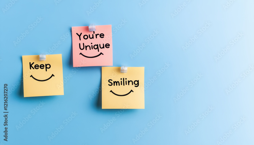 Aufkleber you unique with pastel background featuring sticky notes that say keep and smiling. this cheerful im
