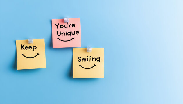 You unique with pastel background featuring sticky notes that say Keep and Smiling. This cheerful image promotes positivity and self affirmation