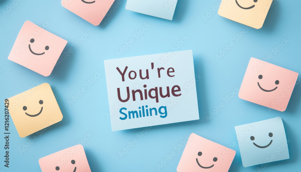 Poster you unique with cheerful message on sticky notes against pastel background. notes feature smiling fa