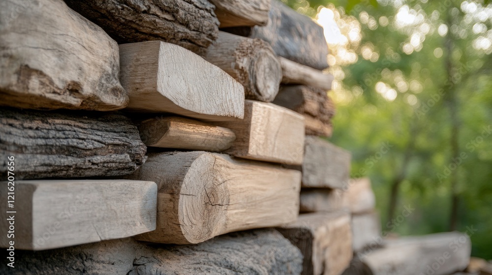 Poster the usage of mitigation strategies and the recycling concept. stacked wooden logs with a blurred nat