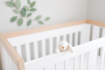 A cozy nursery scene featuring a soft bunny toy perched on a white crib, complemented by green leaves on the wall.