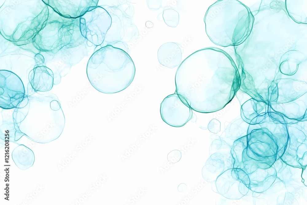 Poster abstract background with transparent teal bubbles floating gently on a white backdrop