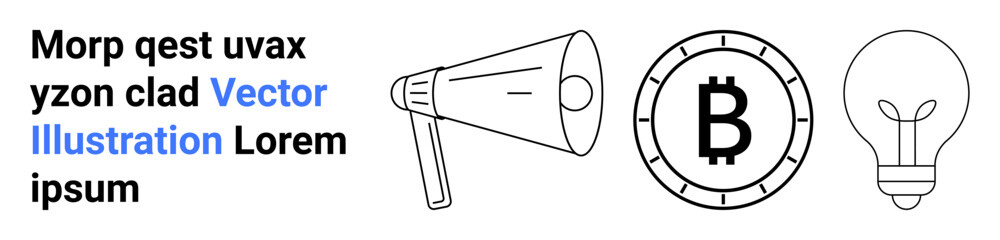 Megaphone, Bitcoin coin, and light bulb icons with lorem ipsum text. Ideal for marketing, cryptocurrency, technology, innovation, communication, finance, and startup themes. Landing page