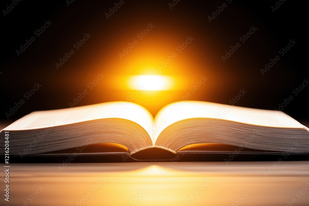 Poster a glowing open book rests on a surface, illuminated by a warm sunset, symbolizing knowledge and enli
