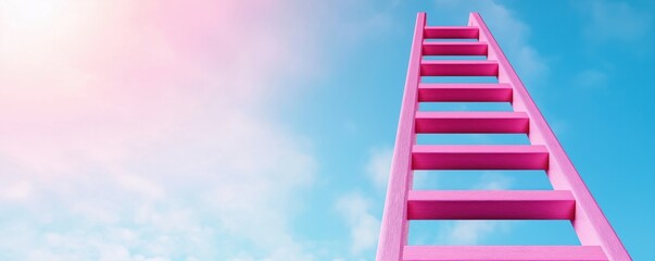 Fototapeta premium A vibrant pink ladder reaches towards a bright blue sky, symbolizing aspiration and the journey towards success.