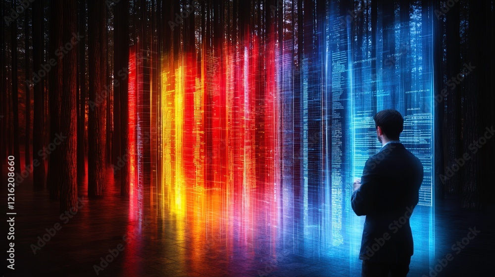 Poster exploring the abstract fusion of business and science in a mystical high fidelity environment