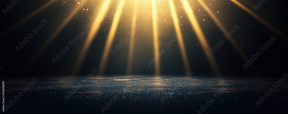 Poster a radiant burst of golden light streams through darkness, illuminating a shimmering surface below wi
