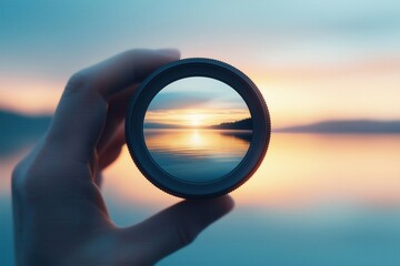 A hand holds a lens framing a serene sunset over a calm lake, creating a beautiful reflection and a captivating view of nature.