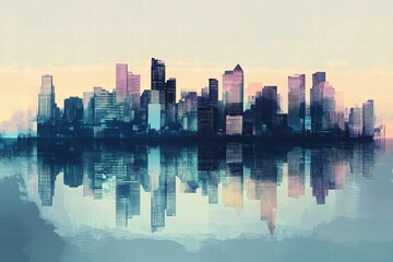 Fototapeta premium City skyline, urban landscape reflecting on water during sunset, showcasing modern architecture and vibrant colors in a serene atmosphere with dreamy ambiance.