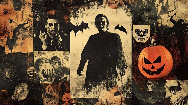 Grunge Halloween Collage with Silhouettes, Skulls, and a Jack-o'-lantern