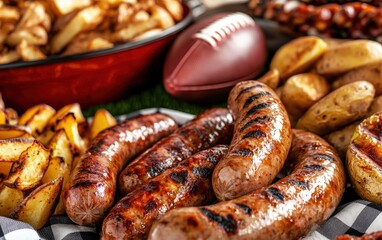 Fototapeta premium Game day tailgate mockup with smoked sausages, grilled bratwurst, potato wedges, and an American football as part of the display, set on a checkered picnic cloth